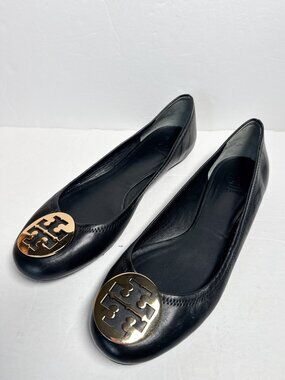 Tory Burch Reva Ballet Flats Black Leather Gold Logo Size 10.5M Classic